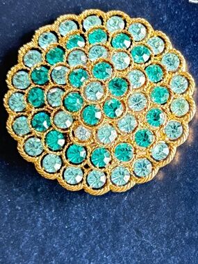 VINTAGE Floral Rosette Brooch Blue Green Rhinestones